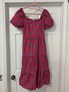 J. Crew Hot Pink Floral Puff-Sleeve Midi Dress
